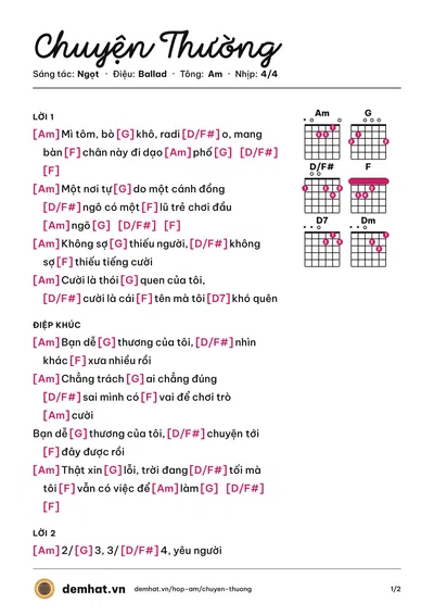 Hợp âm Chuyện Thường (Ngọt) – bản nhạc PDF trang 1, tông Am