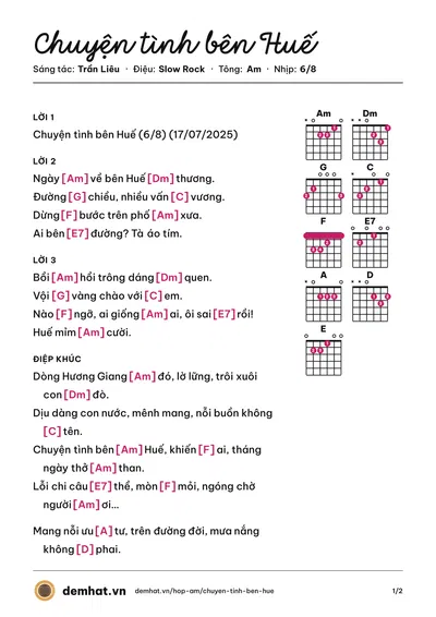 Hợp âm Chuyện tình bên Huế (guitar) – bản nhạc PDF trang 1, tông Am
