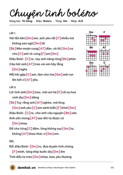 Hợp âm Chuyện tình boléro (Tô Dũng) – bản nhạc PDF trang 1, tông Dm