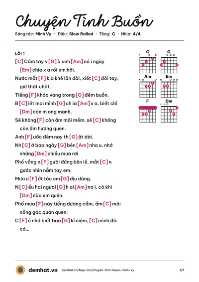 Hợp âm Chuyện Tình Buồn (Cẩm Ly) – bản nhạc PDF trang 1, tông C