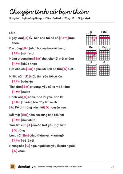 Hợp âm Chuyện tình cô bạn thân (Lâm Chấn Huy) – bản nhạc PDF trang 1, tông D