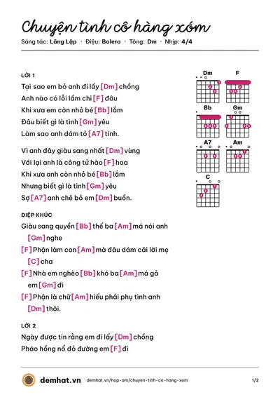 Hợp âm Chuyện tình cô hàng xóm (Quỳnh Trang) – bản nhạc PDF trang 1, tông Dm