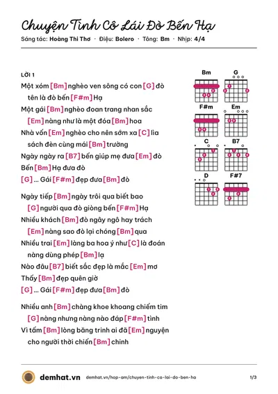 Hợp âm Chuyện Tình Cô Lái Đò Bến Hạ (Như Quỳnh) – bản nhạc PDF trang 1, tông Bm