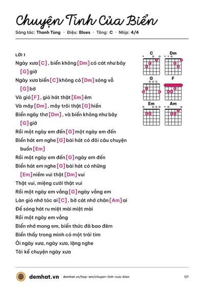 Hợp âm Chuyện Tình Của Biển (Phương Anh) – bản nhạc PDF trang 1, tông C
