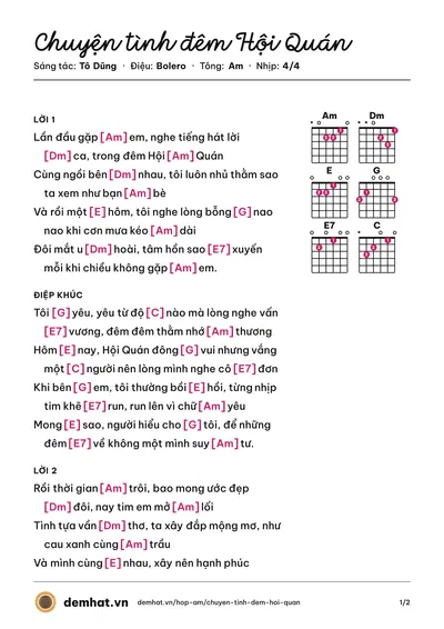Hợp âm Chuyện tình đêm Hội Quán (Tô Dũng) – bản nhạc PDF trang 1, tông Am
