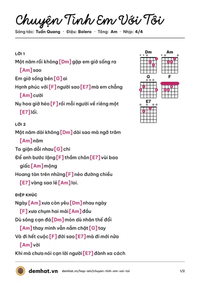 Hợp âm Chuyện Tình Em Với Tôi (Tuấn Quang) – bản nhạc PDF trang 1, tông Am