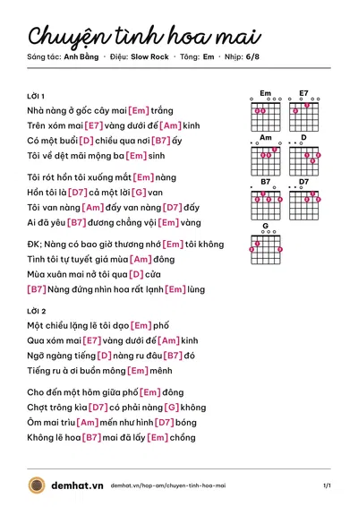 Hợp âm Chuyện tình hoa mai (Đan Nguyên) – bản nhạc PDF trang 1, tông Em