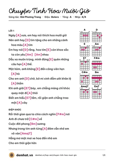 Hợp âm Chuyện Tình Hoa Mười Giờ (Quang Lê) – bản nhạc PDF trang 1, tông A