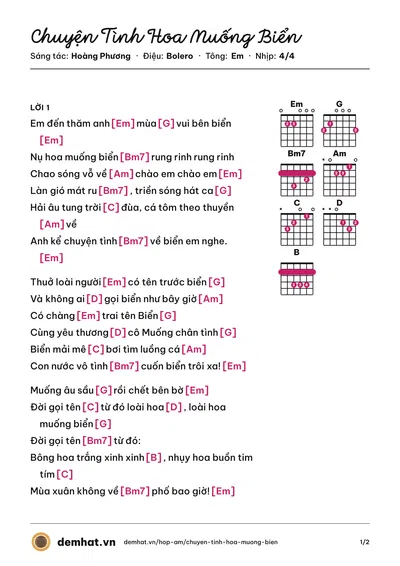 Hợp âm Chuyện Tình Hoa Muống Biển (Ngô Quốc Linh) – bản nhạc PDF trang 1, tông Em
