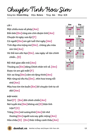 Hợp âm Chuyện Tình Hoa Sim (Khánh Đăng) – bản nhạc PDF trang 1, tông Am