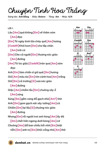 Hợp âm Chuyện Tình Hoa Trắng (Như Quỳnh) – bản nhạc PDF trang 1, tông Am