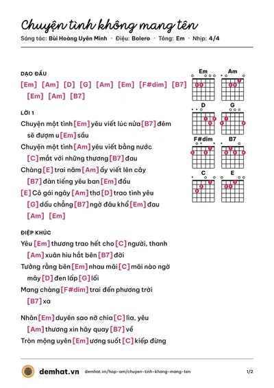Hợp âm Chuyện tình không mang tên (Lan Vy) – bản nhạc PDF trang 1, tông Em