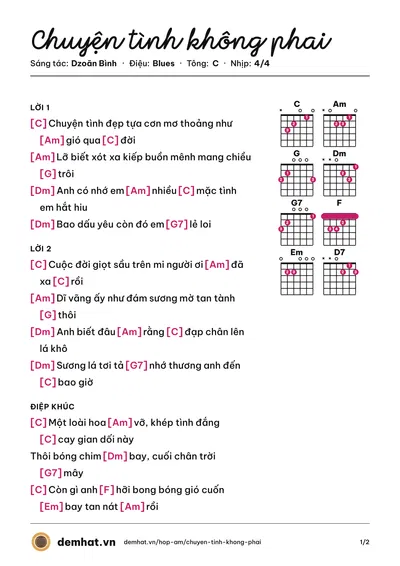 Hợp âm Chuyện tình không phai (Dzoãn Bình) – bản nhạc PDF trang 1, tông C