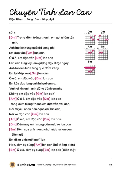 Hợp âm Chuyện Tình Lan Can (Quân Keyboard) – bản nhạc PDF trang 1, tông Dm