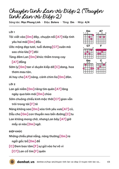 Hợp âm Chuyện tình Lan và Điệp 2 (Truyện tình Lan và Điệp 2) (Phương Dung) – bản nhạc PDF trang 1, tông Dm