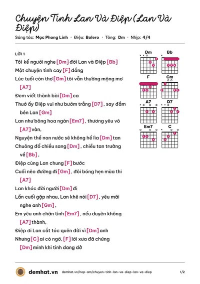 Hợp âm Chuyện Tình Lan Và Điệp (Lan Và Điệp) (Cẩm Ly) – bản nhạc PDF trang 1, tông Dm