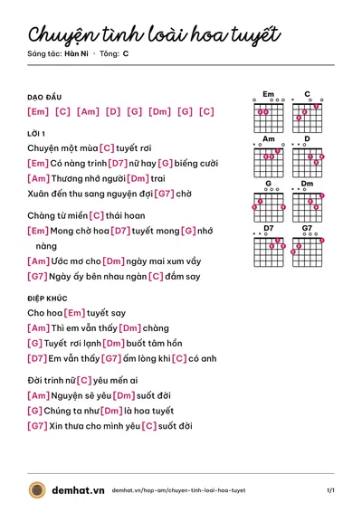 Hợp âm Chuyện tình loài hoa tuyết (Hàn Ni) – bản nhạc PDF trang 1, tông C