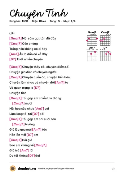 Hợp âm Chuyện Tình (MCK) – bản nhạc PDF trang 1, tông G