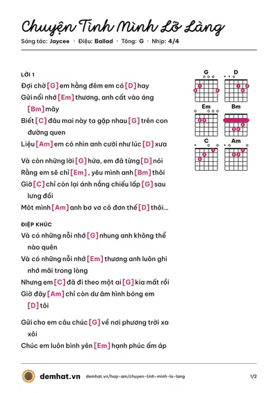 Hợp âm Chuyện Tình Mình Lỡ Làng (Jaycee) – bản nhạc PDF trang 1, tông G