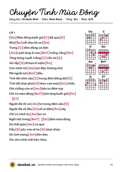 Hợp âm Chuyện Tình Mùa Đông (Uyên Trang) – bản nhạc PDF trang 1, tông Em