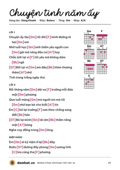 Hợp âm Chuyện tình năm ấy (Dũng Khanh) – bản nhạc PDF trang 1, tông Dm
