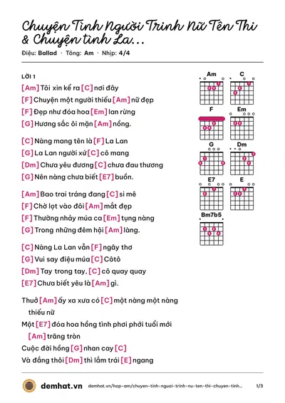 Hợp âm Chuyện Tình Người Trinh Nữ Tên Thi & Chuyện tình La Lan – bản nhạc PDF trang 1, tông Am