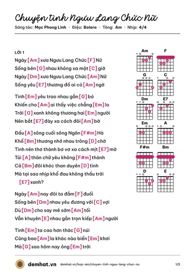 Hợp âm Chuyện tình Ngưu Lang Chức Nữ (Tuấn Vũ) – bản nhạc PDF trang 1, tông Am