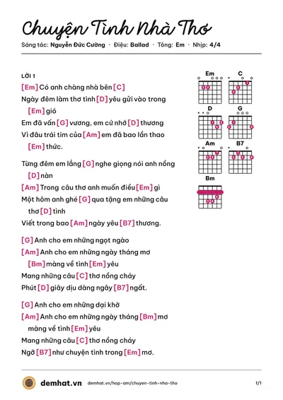 Hợp âm Chuyện Tình Nhà Thơ (Văn Mai Hương) – bản nhạc PDF trang 1, tông Em
