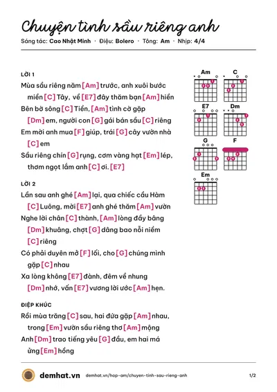 Hợp âm Chuyện tình sầu riêng anh (Hồng Phượng) – bản nhạc PDF trang 1, tông Am