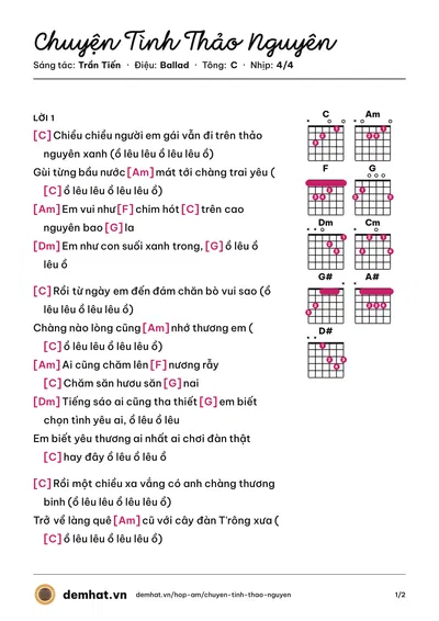 Hợp âm Chuyện Tình Thảo Nguyên (Trần Thu Hà) – bản nhạc PDF trang 1, tông C