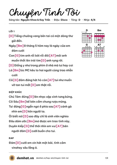 Hợp âm Chuyện Tình Tôi (Kay Trần) – bản nhạc PDF trang 1, tông D