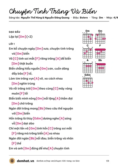 Hợp âm Chuyện Tình Trăng Và Biển (Trọng Hải) – bản nhạc PDF trang 1, tông Dm