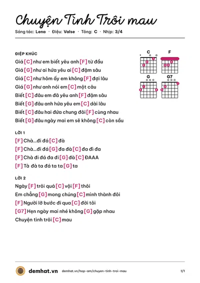 Hợp âm Chuyện Tình Trôi mau (Lena) – bản nhạc PDF trang 1, tông C
