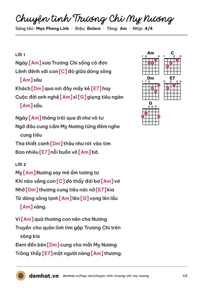 Hợp âm Chuyện tình Trương Chi Mỵ Nương (Yến Phương) – bản nhạc PDF trang 1, tông Am