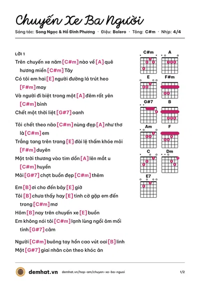 Hợp âm Chuyến Xe Ba Người (Chế Linh) – bản nhạc PDF trang 1, tông C#m