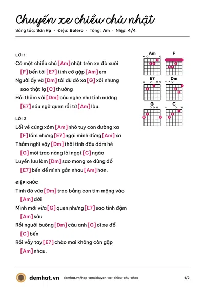 Hợp âm Chuyến xe chiều chủ nhật (Sơn Hạ) – bản nhạc PDF trang 1, tông Am