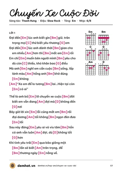 Hợp âm Chuyến Xe Cuộc Đời (Khắc Việt) – bản nhạc PDF trang 1, tông Em