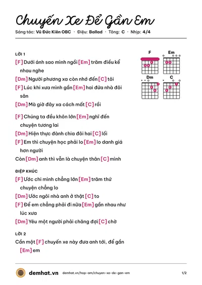 Hợp âm Chuyến Xe Để Gần Em (Vũ Đức Kiên OBC) – bản nhạc PDF trang 1, tông C
