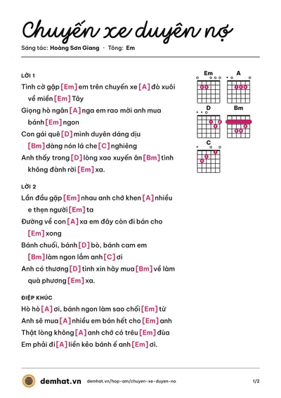 Hợp âm Chuyến xe duyên nợ (Lê Như) – bản nhạc PDF trang 1, tông Em