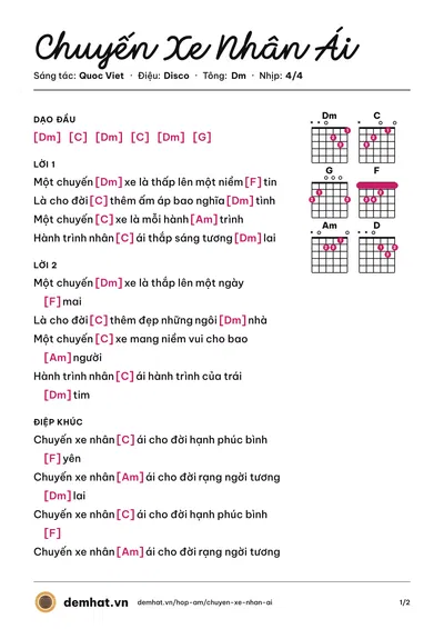 Hợp âm Chuyến Xe Nhân Ái (Quang Phú) – bản nhạc PDF trang 1, tông Dm