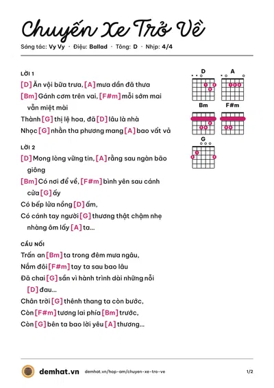 Hợp âm Chuyến Xe Trở Về (Vy Vy) – bản nhạc PDF trang 1, tông D