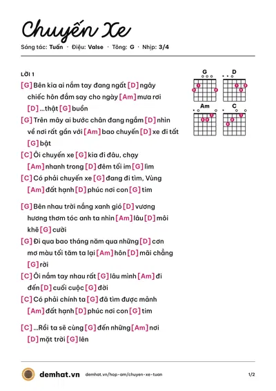Hợp âm Chuyến Xe (Diệp) – bản nhạc PDF trang 1, tông G