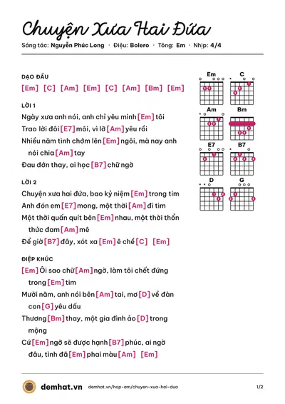 Hợp âm Chuyện Xưa Hai Đứa (Trúc Mi) – bản nhạc PDF trang 1, tông Em