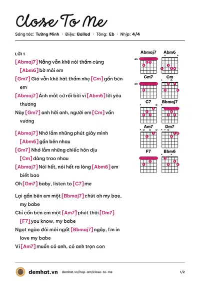 Hợp âm Close To Me (Hoàng Yến Chibi) – bản nhạc PDF trang 1, tông Eb