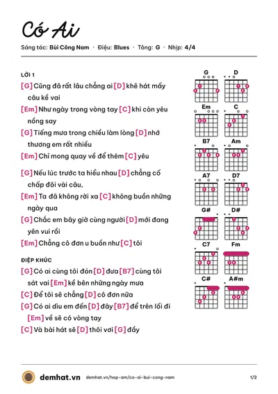 Hợp âm Có Ai (Jun Phạm) – bản nhạc PDF trang 1, tông G