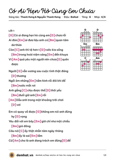 Hợp âm Có Ai Hẹn Hò Cùng Em Chưa (Quân A.P) – bản nhạc PDF trang 1, tông G
