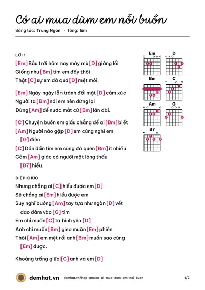 Hợp âm Có ai mua dùm em nỗi buồn (Fami Ngô) – bản nhạc PDF trang 1, tông Em
