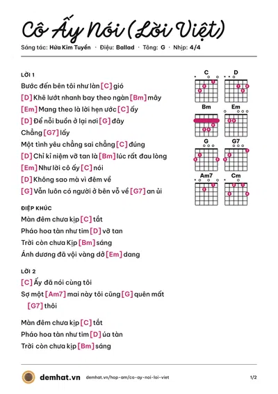 Hợp âm Cô Ấy Nói (Lời Việt) (Hứa Kim Tuyền) – bản nhạc PDF trang 1, tông G