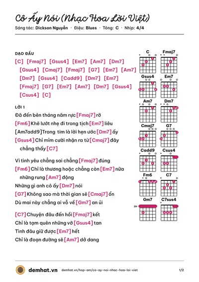 Hợp âm Cô Ấy Nói (Nhạc Hoa Lời Việt) (Nam Em) – bản nhạc PDF trang 1, tông C