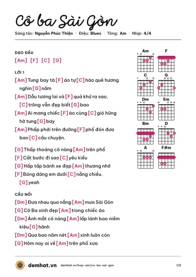 Hợp âm Cô ba Sài Gòn (Đông Nhi) – bản nhạc PDF trang 1, tông Am